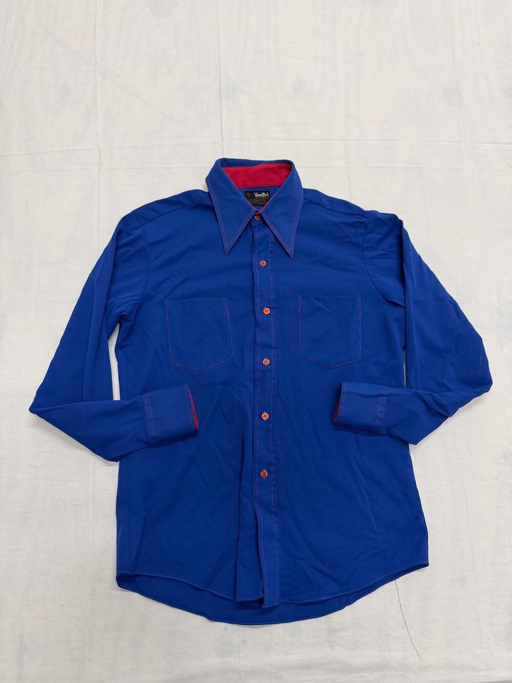 Vintage 1970s VanCort Blue Polyester Long Sleeve Button-Up Shirt with Red Contra